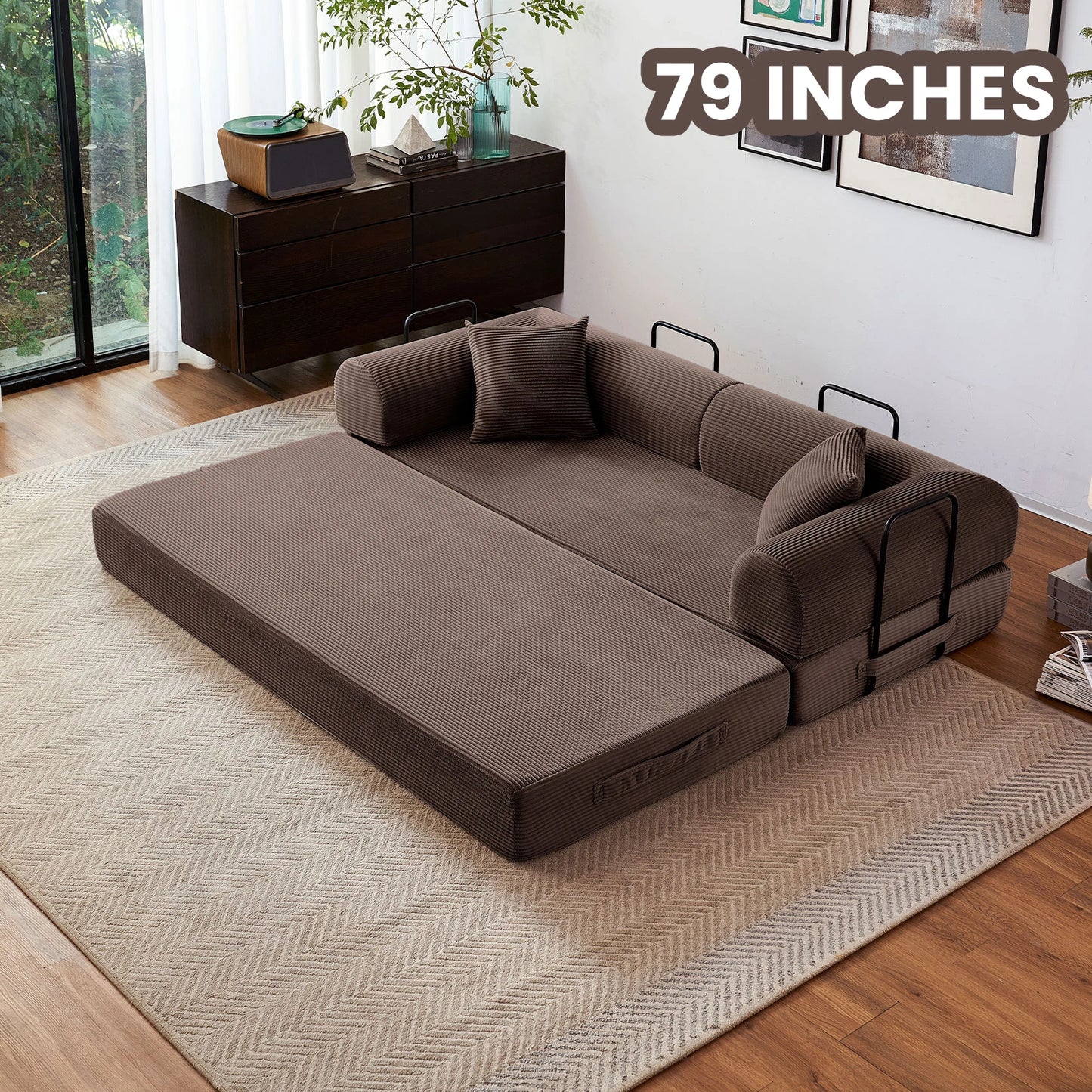 79''  Foldable Convertible Futon Sleeper Sofa Bed with L-Shaped Armrests for Living Room