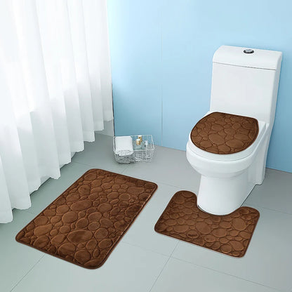 Comfortable and Soft, Three-piece Set  of Solid Color  Bathroom Non-slip Floor Mat Stone Pattern,