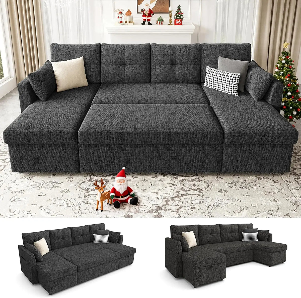 Oversized Sleeper Sofa Couch, Sectional Sofa Bed, Dark Grey | 110 inch 2 in 1 Pull Out Couch with Double Storage, Customized