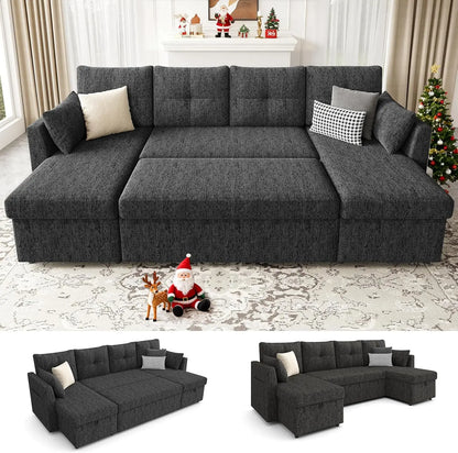 Oversized Sleeper Sofa Couch, Sectional Sofa Bed, Dark Grey | 110 inch 2 in 1 Pull Out Couch with Double Storage, Customized