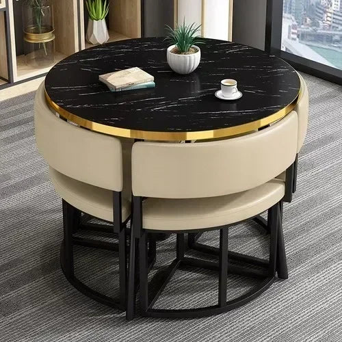 Round Luxury White Mobile Dining Table  Set with 4 Chairs