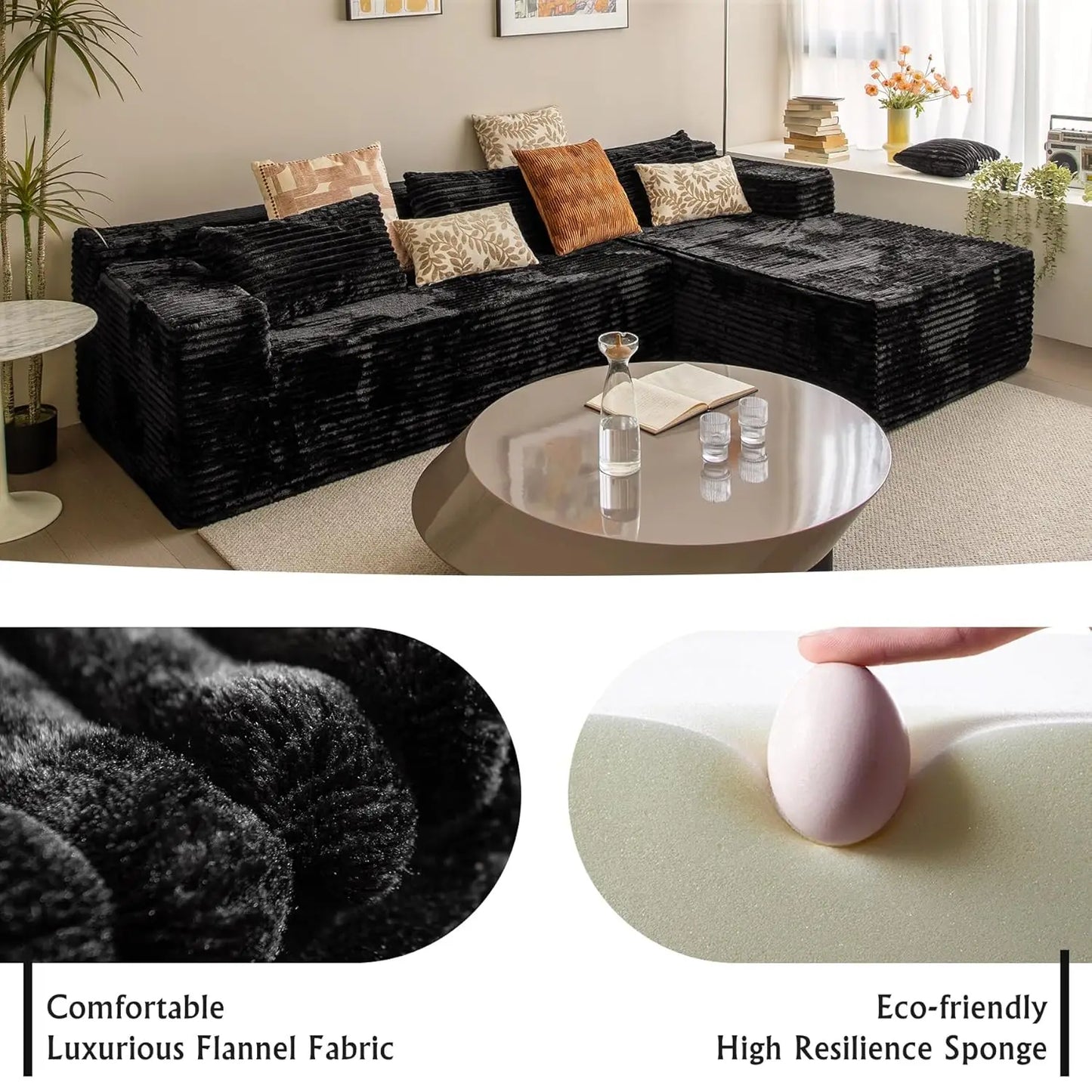 Black Corduroy Couch for Living Room ，104" Cloud Sectional Couch with L-Shape Chaise， Modern, Customized