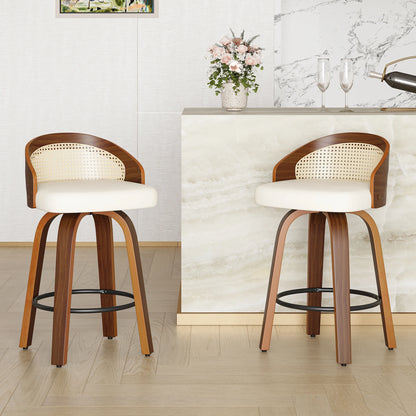 Set of 2 Swivel Bar Stools, Modern Wood Frame with Rattan Back, PU Leather Seat for Kitchen Counter, Bar Table