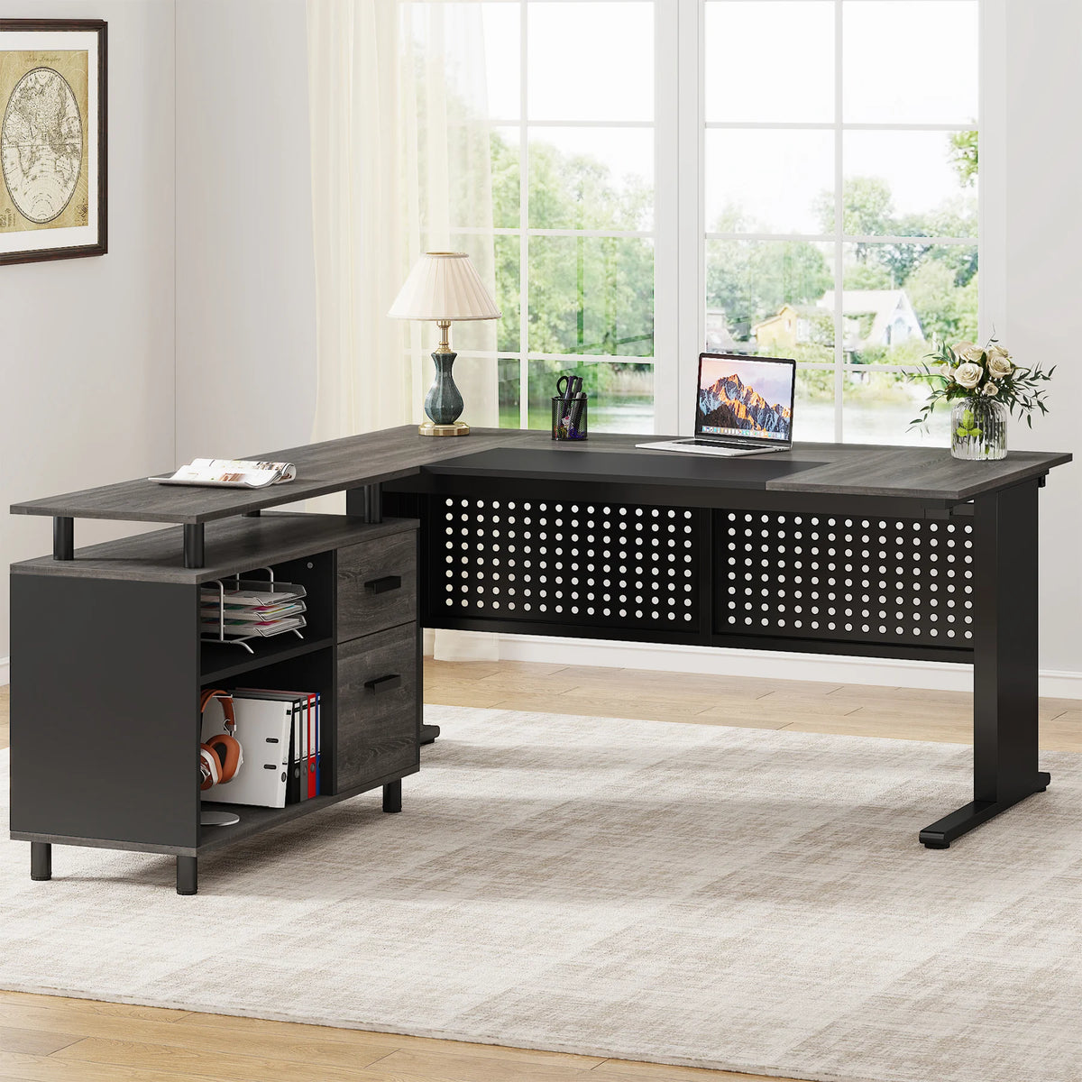 63 Inch Executive Large Office Desk L Shaped Computer Desk with Drawers and Storage Shelves
