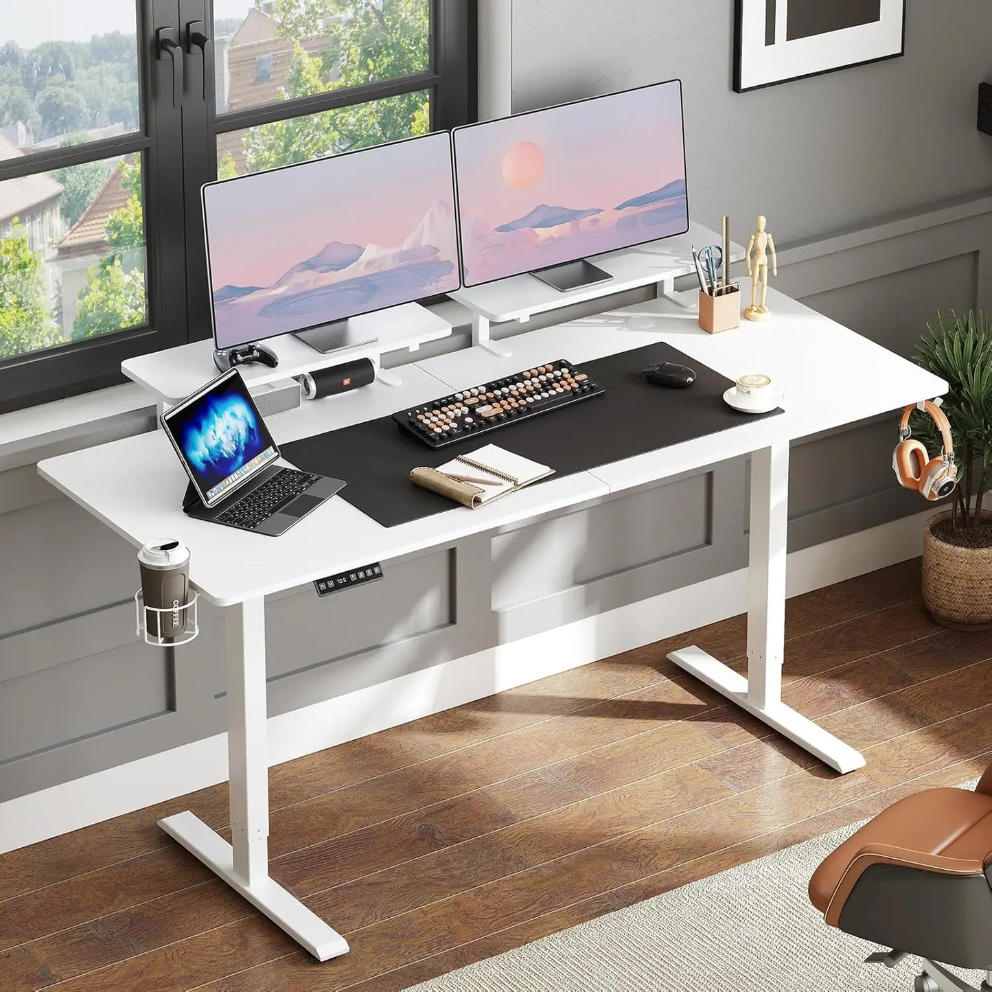 Electric Stand Up Desk with Memory Controller & Adjustable Height  2 Adjustable Monitor Shelves