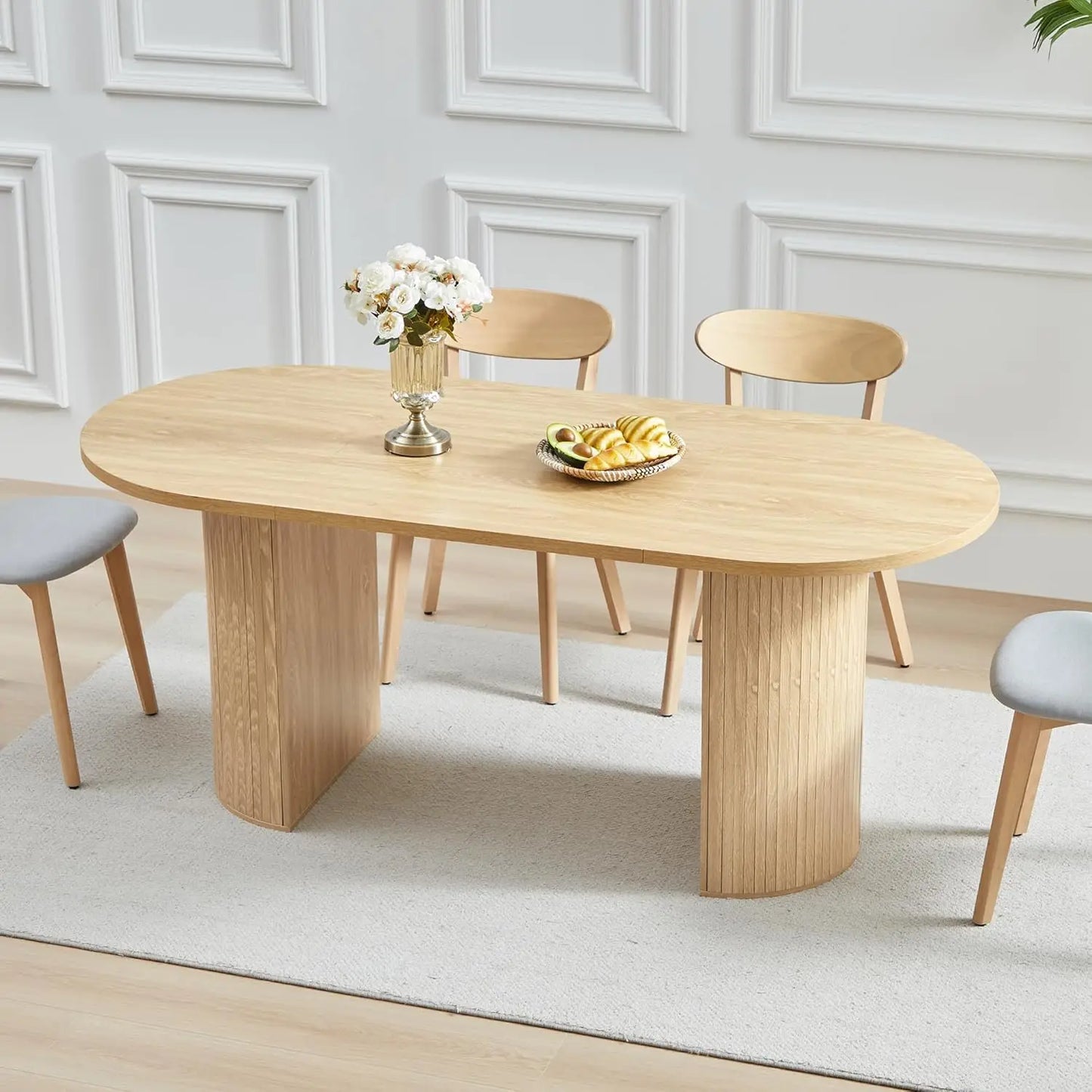 Round Fluted Base Modern Oval Expandable Kitchen Dining Table ,41-78in Seats 4-8