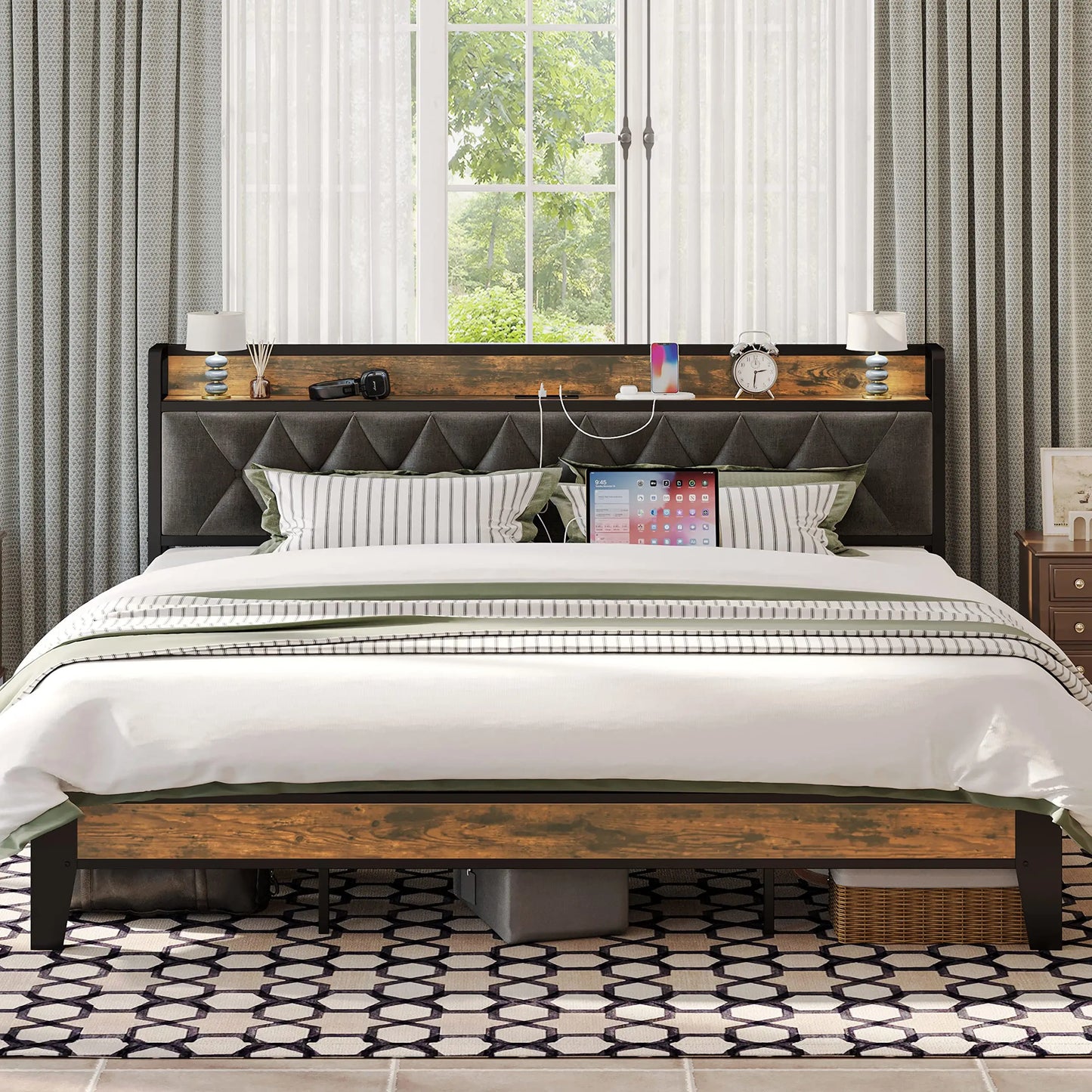 Twin/TwinXL/Full/Queen/King/California King Bed Frames, Storage Headboard with Outlets,  No Box Springs Needed