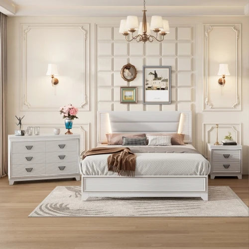 3-Piece Bedroom Set Queen Size Upholstered Bed with LED Lights, Nightstands and Dresser , Black /white
