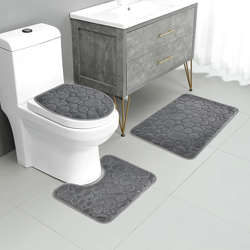 Comfortable and Soft, Three-piece Set  of Solid Color  Bathroom Non-slip Floor Mat Stone Pattern,