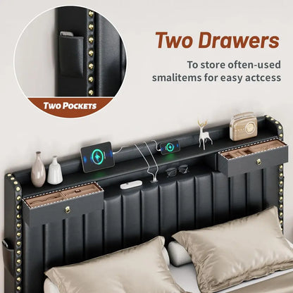 Upholstered King Bed Frame with 4Storage Drawers, 3 USB amp TypeC Charging P