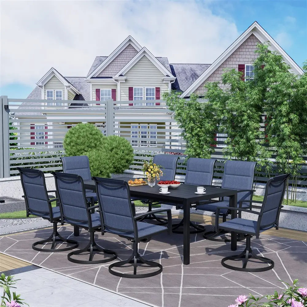 9-Piece Outdoor Dining Set Extendable Table & 8 Blue Foam Padded Textilene Swivel Chairs for Patio, Garden or Poolside