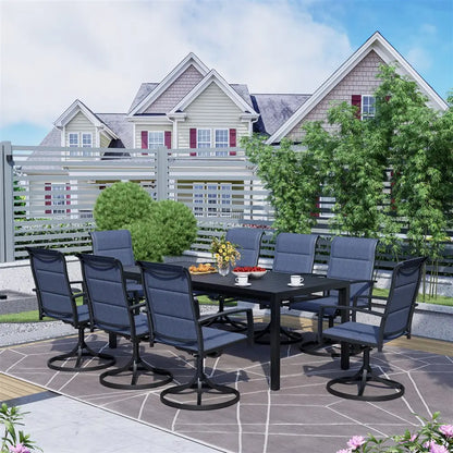 9-Piece Outdoor Dining Set Extendable Table & 8 Blue Foam Padded Textilene Swivel Chairs for Patio, Garden or Poolside
