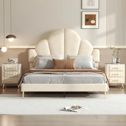 3 Piece Bedroom Set, Queen Size Modern Velvet Upholstered Bed Frame with Petal Shape Headboard, 3 Drawers Nightstands, Beige