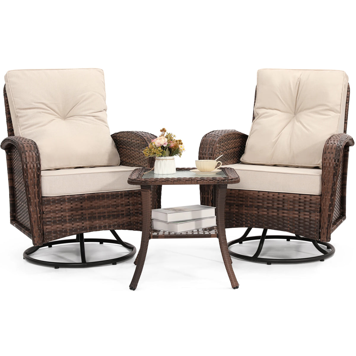 Swivel Wicker Chairs With Side Table Outdoor Patio Furniture Set Washable Thick Cushion For Balcony Deck Garden