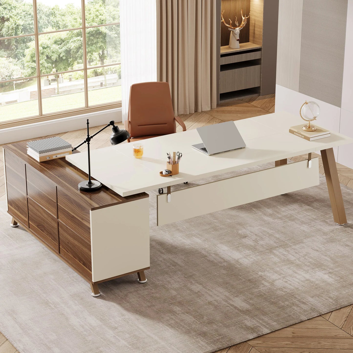 Large L-Shaped Office  Desk with 55-Inch Cabinet  Storage Shelves