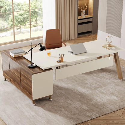 Large L-Shaped Office  Desk with 55-Inch Cabinet  Storage Shelves