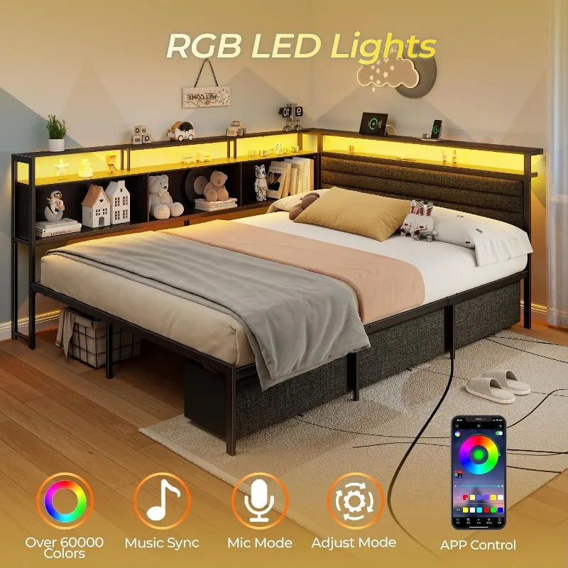 Corner Bed Frame with 3 Storage Drawers, LED Lights & Charging stations