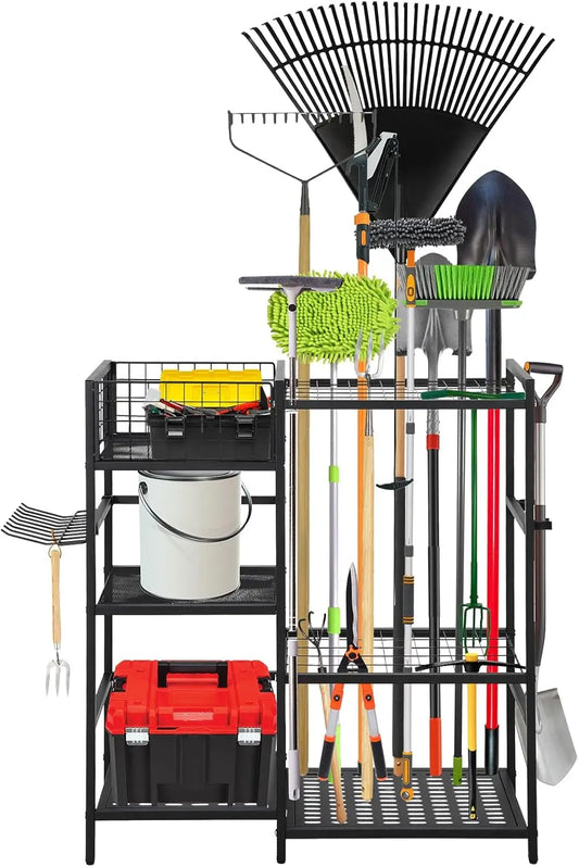 Heavy Duty 3 Tier Garden Tool Organizer With 35 Long Handled Slots Basket And Hooks for Garage or Yard