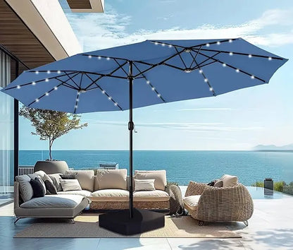 15ft Large Patio Umbrella with Solar Lights, Double-Sided Outdoor Market Rectangle Umbrellas with 36 LED Lights, Umbrella Base