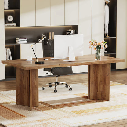 63-inch Executive Desk, Vintage Home Office Computer Desk with Large Tabletop, Farmhouse Wood Writing Conference Table