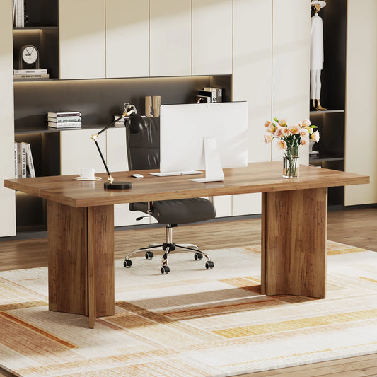 63-inch Executive Desk, Vintage Home Office Computer Desk with Large Tabletop, Farmhouse Wood Writing Conference Table