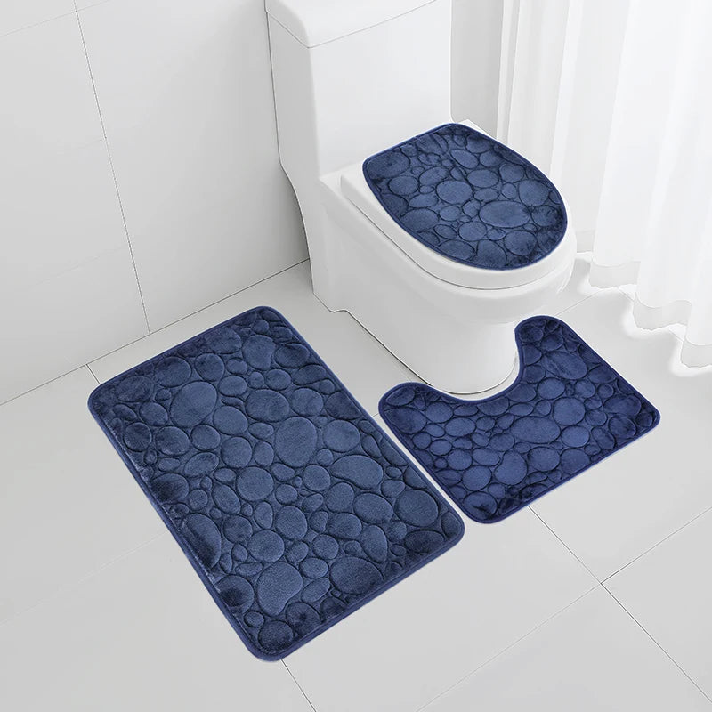 Comfortable and Soft, Three-piece Set  of Solid Color  Bathroom Non-slip Floor Mat Stone Pattern,