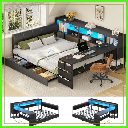 Corner Bed Frame with Storage Desk, Upholstered Headboard, 4 Drawers, 6 Bookcase, LED Lights, Charging Station, Black