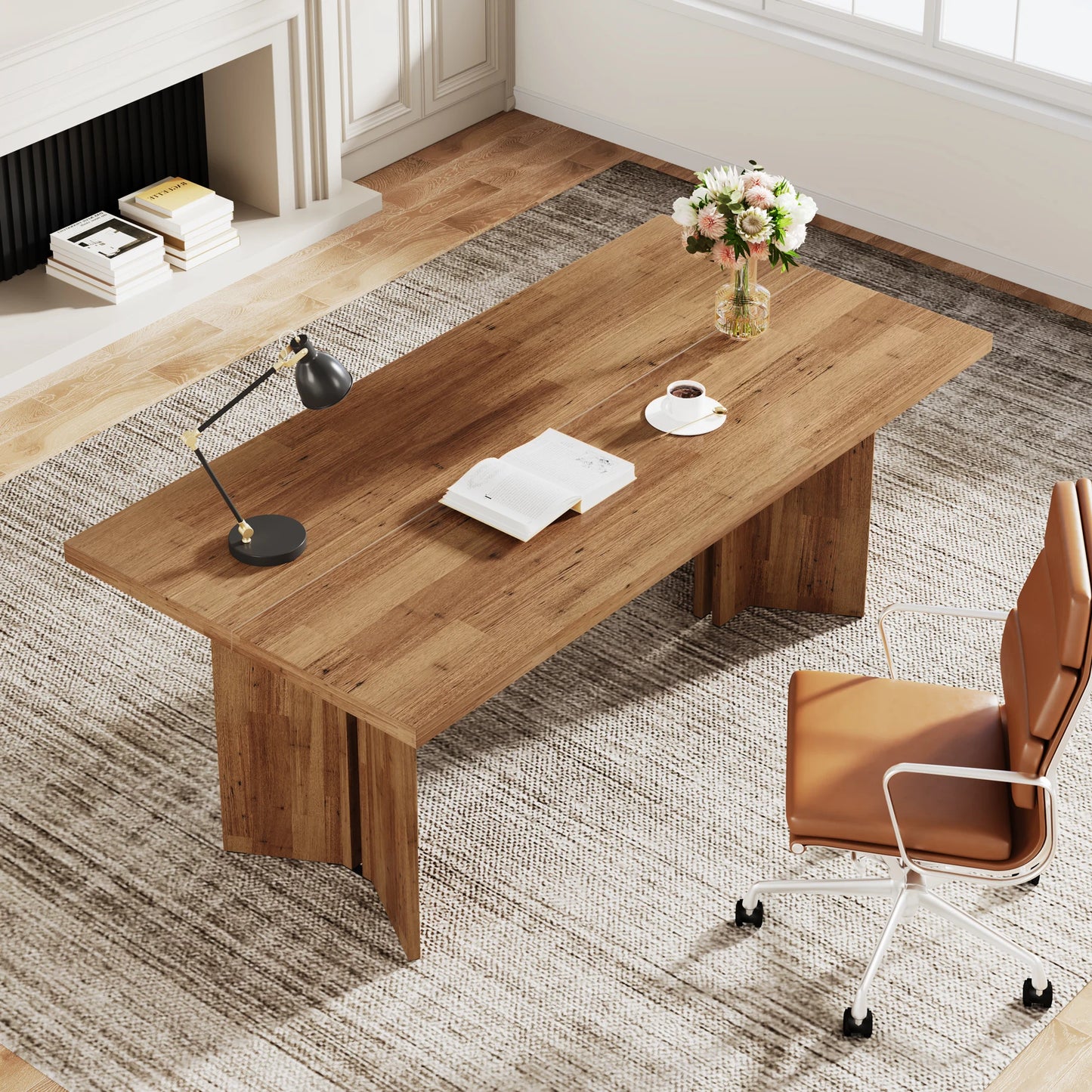 63-inch Executive Desk, Vintage Home Office Computer Desk with Large Tabletop, Farmhouse Wood Writing Conference Table