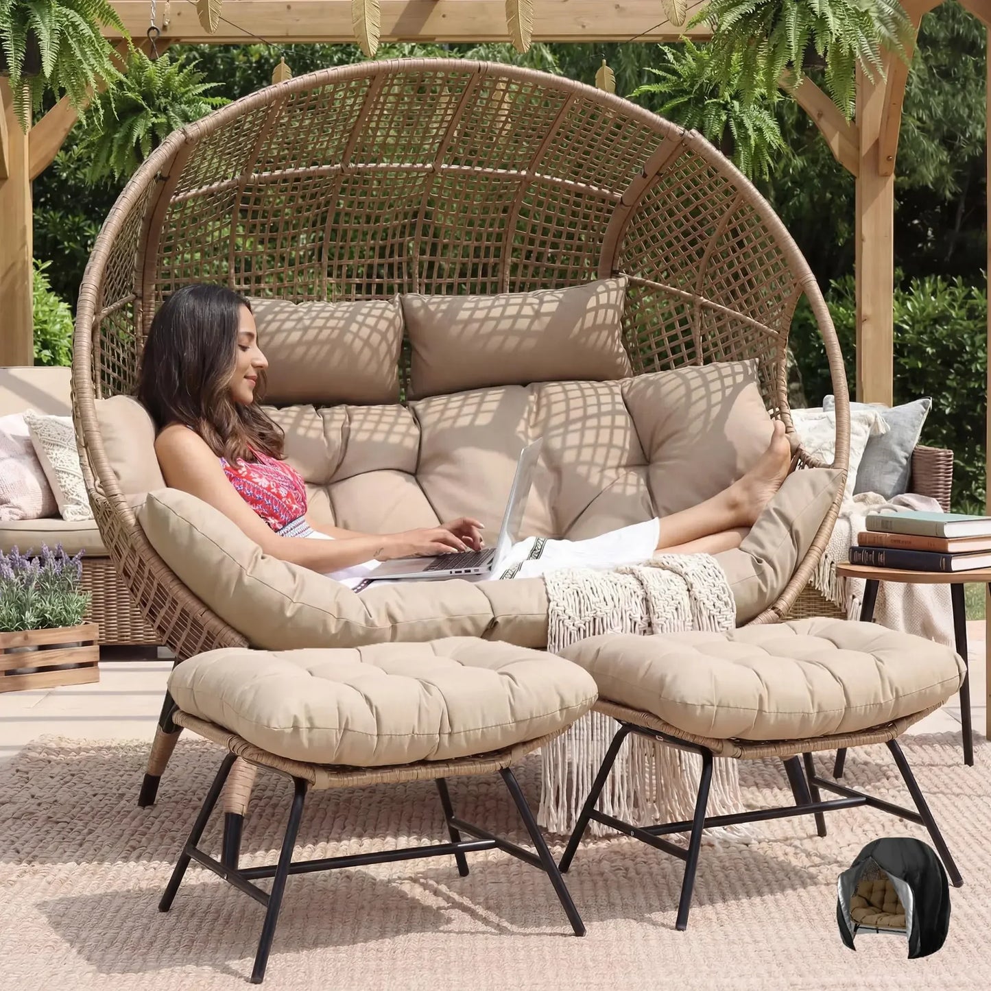Indoor / Outdoor Stationary Oversized Double Egg Chair   6.5" Thick Padded Cushions, 2 Person Wicker Egg Loveseat Chair