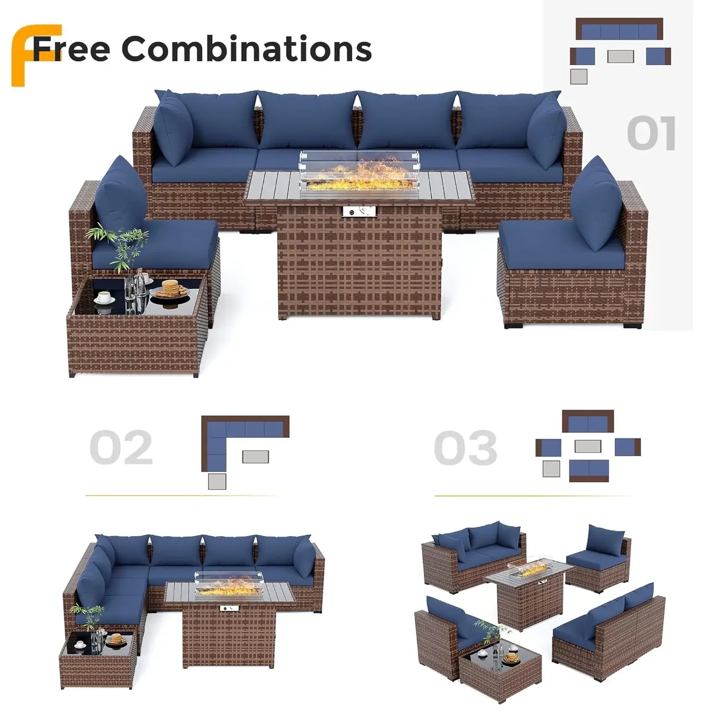 All-Weather Wicker Set with Fire Pit Table, 8 Piece Sectional Sofas,