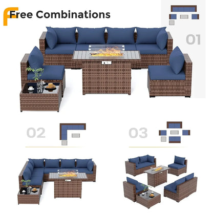 All-Weather Wicker Set with Fire Pit Table, 8 Piece Sectional Sofas,