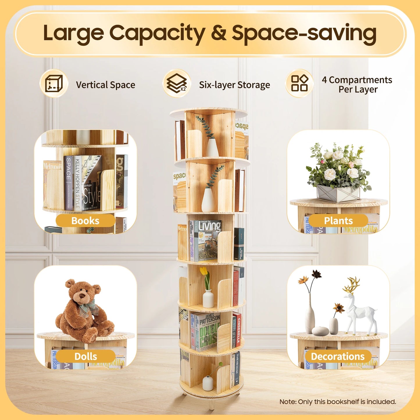 360° Rotating Wooden 6-Tier Kids Book Storage Organizer
