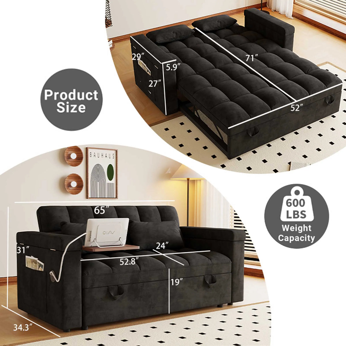3-in-1 Foldable Velvet Sofa Bed with USB Charging Port, Table Board and Storage Armrests, Adjustable Backrest Sleeper Couch for Living Room Apartment Guest Room, Black