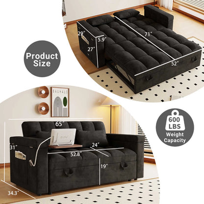 3-in-1 Foldable Velvet Sofa Bed with USB Charging Port, Table Board and Storage Armrests, Adjustable Backrest Sleeper Couch for Living Room Apartment Guest Room, Black