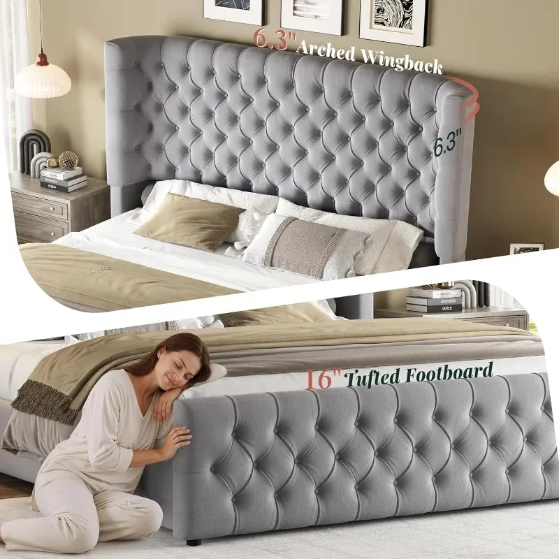King Size Platform Bed Frame, 6.3” Thick Upholstered Curved Wingback Headboard and Footboard with Deep Button Tufted