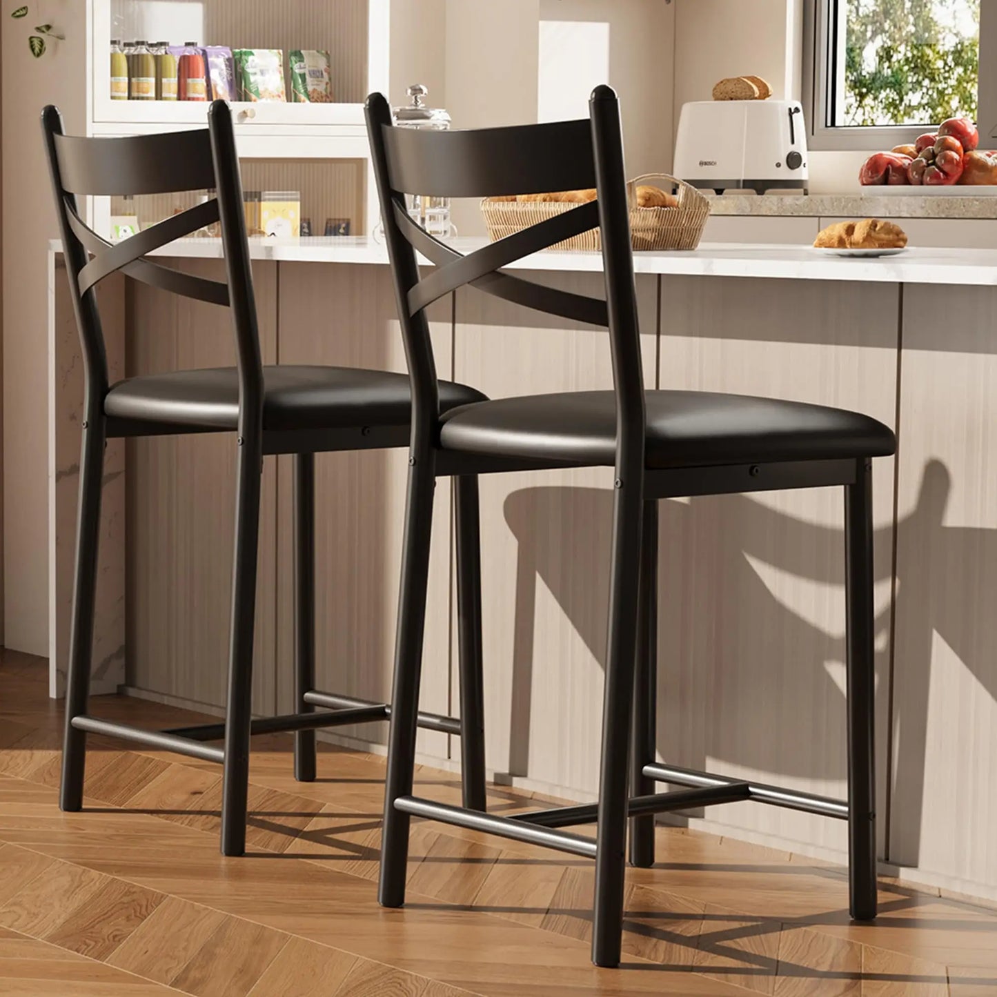 26 Inch Bar Stools Set of 4, Counter Height Bar Chairs with Back and Thick Cushion, Upholstered Dining Chairs with Padded Seat