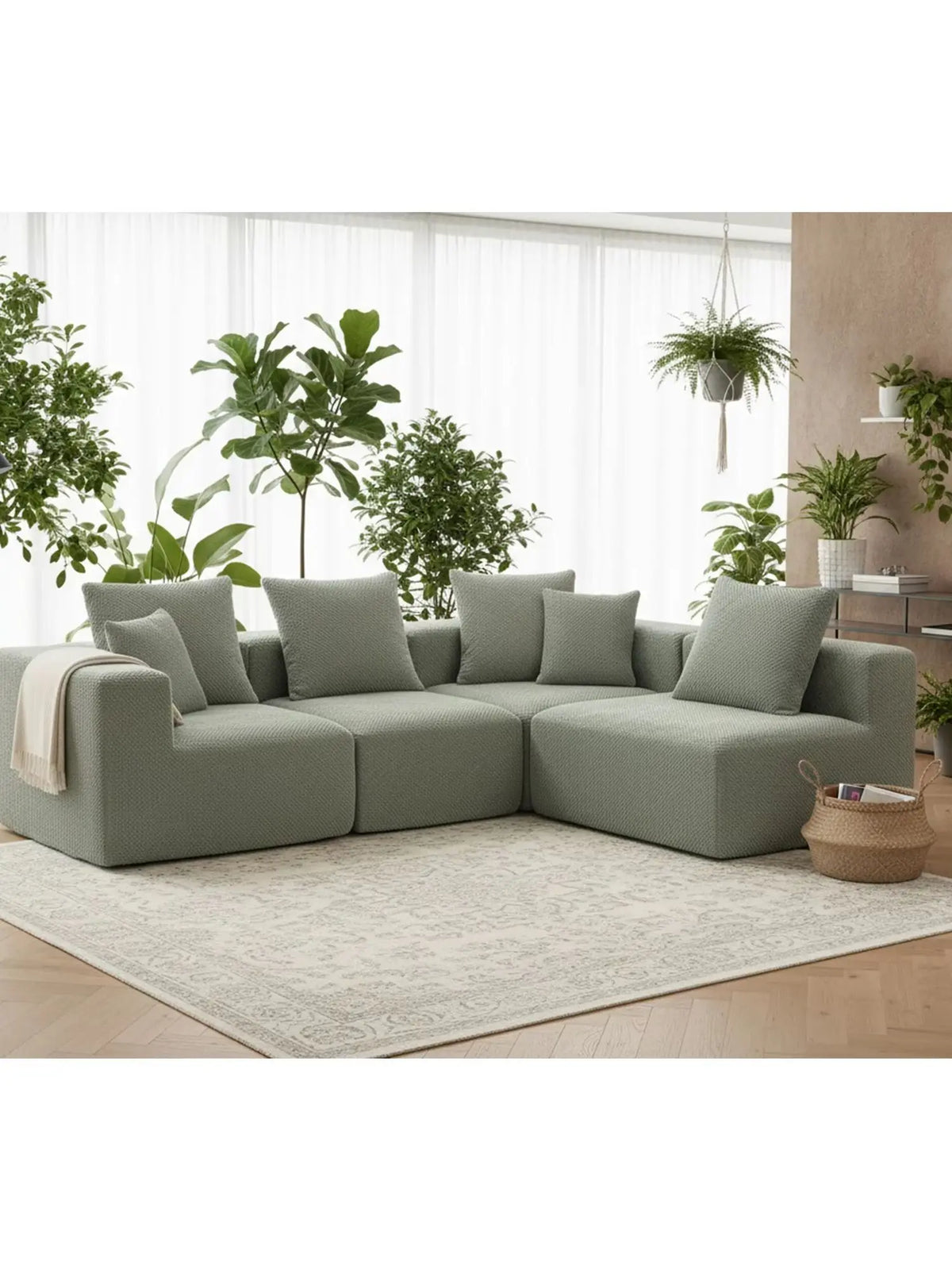 Modular Deep-Seat Sofa, 3-Piece All-Foam Sectional Couch in Soft Textured Fabric, Tool-Free Assembly, Apartment-Friendly Low Profile, 111" × 37" × 23.6"-Brown