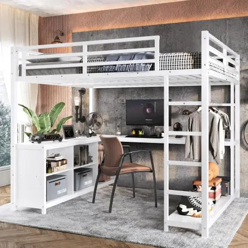 Queen Loft Bed with Storage Stairs Shelves with Wardrobe LED Lights made of  Natural Wood,