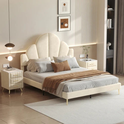 3 Piece Bedroom Set, Queen Size Modern Velvet Upholstered Bed Frame with Petal Shape Headboard, 3 Drawers Nightstands, Beige