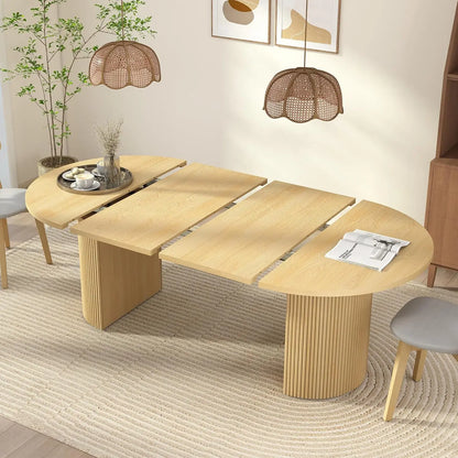 Round Fluted Base Modern Oval Expandable Kitchen Dining Table ,41-78in Seats 4-8