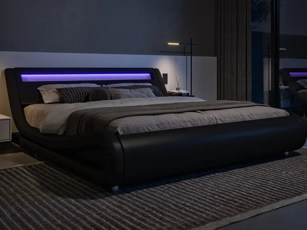 Queen Size LED Platform Bed Frame with Adjustable Headboard/No Box Spring Need/Easy Assembly/Faux Leather in Black