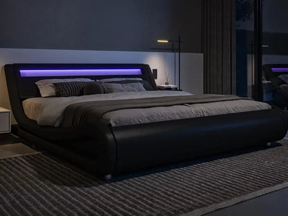 Queen Size LED Platform Bed Frame with Adjustable Headboard/No Box Spring Need/Easy Assembly/Faux Leather in Black