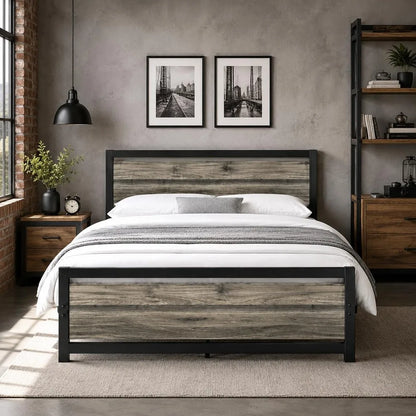 Queen Size Metal Platform Bed Frame with Headboard, 10.5 Inch Underbed Storage Clearance, Heavy Duty Steel Slat Support, No Box Spring Required, Easy Assembly