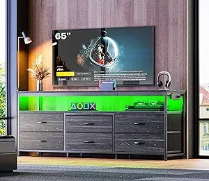 63 Inch LED TV Stand with Power Outlets, Fabric Drawers TV Stand