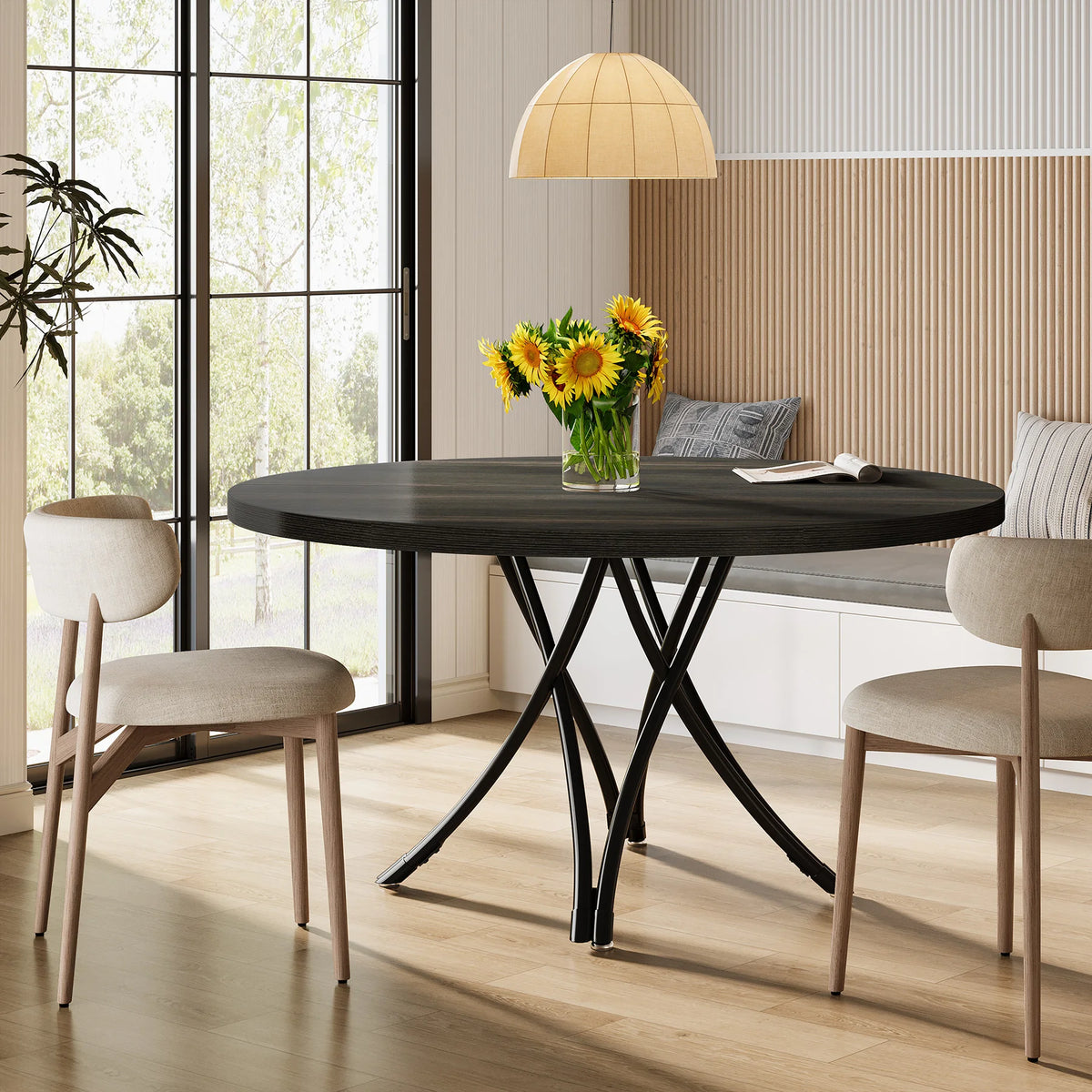 Round Dining Table, 46-Inch(118cm)Wood Kitchen Table with Sturdy Metal Base for 4-6 People,Rustic Brown