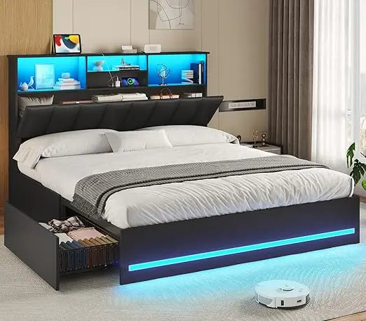 Bed Frame with Bookcase Headboard, Wooden Bed Frame with Charging Station, Storage Drawers and LED Lights, Customized