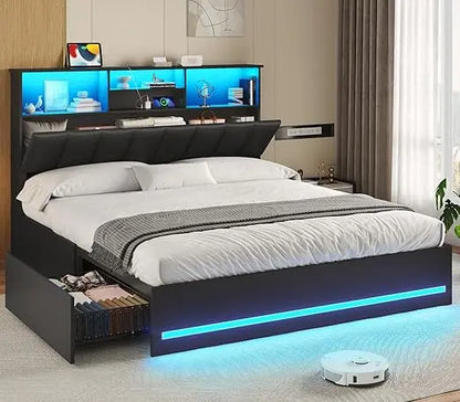 Bed Frame with Bookcase Headboard, Wooden Bed Frame with Charging Station, Storage Drawers and LED Lights, Customized