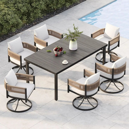 7 PCS Patio Table and Chairs Set, Metal Woven Wicker Patio Chairs with Thickened Cushions Outdoor Dining Set for 6