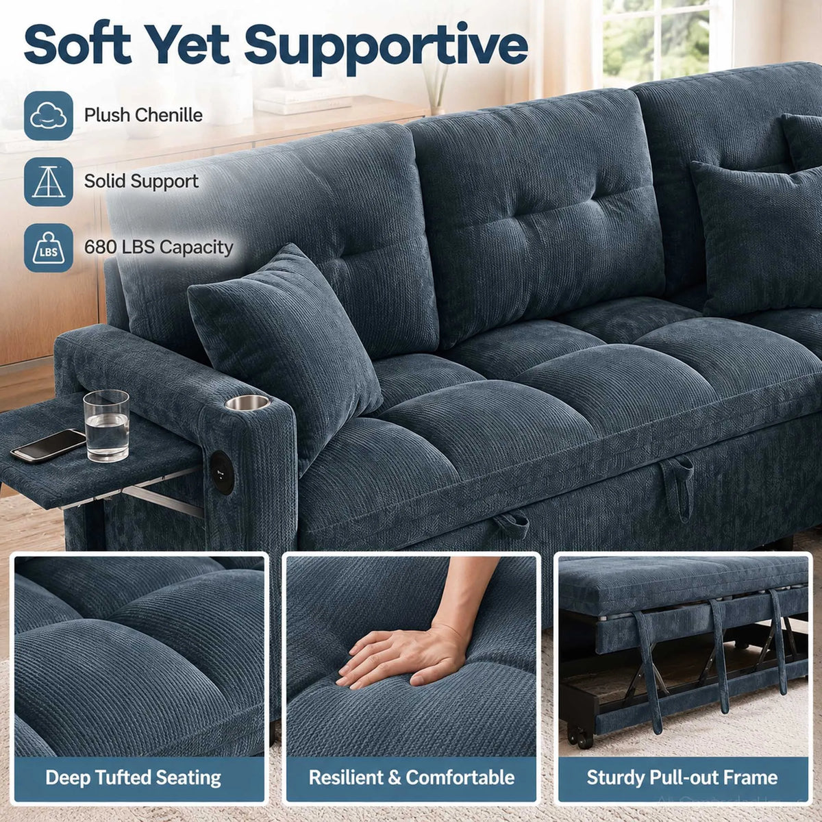 L-Shaped Sleeper Sofa with Pull Out Bed, Convertible Sectional Couch with Storage Chaise, USB/Type-C Charging and Cup Holders, Plush Chenille Modular Sofa for Living Room, Blue