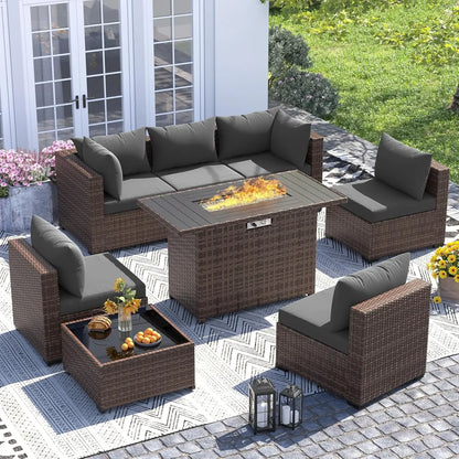 All-Weather Wicker Set with Fire Pit Table, 8 Piece Sectional Sofas,